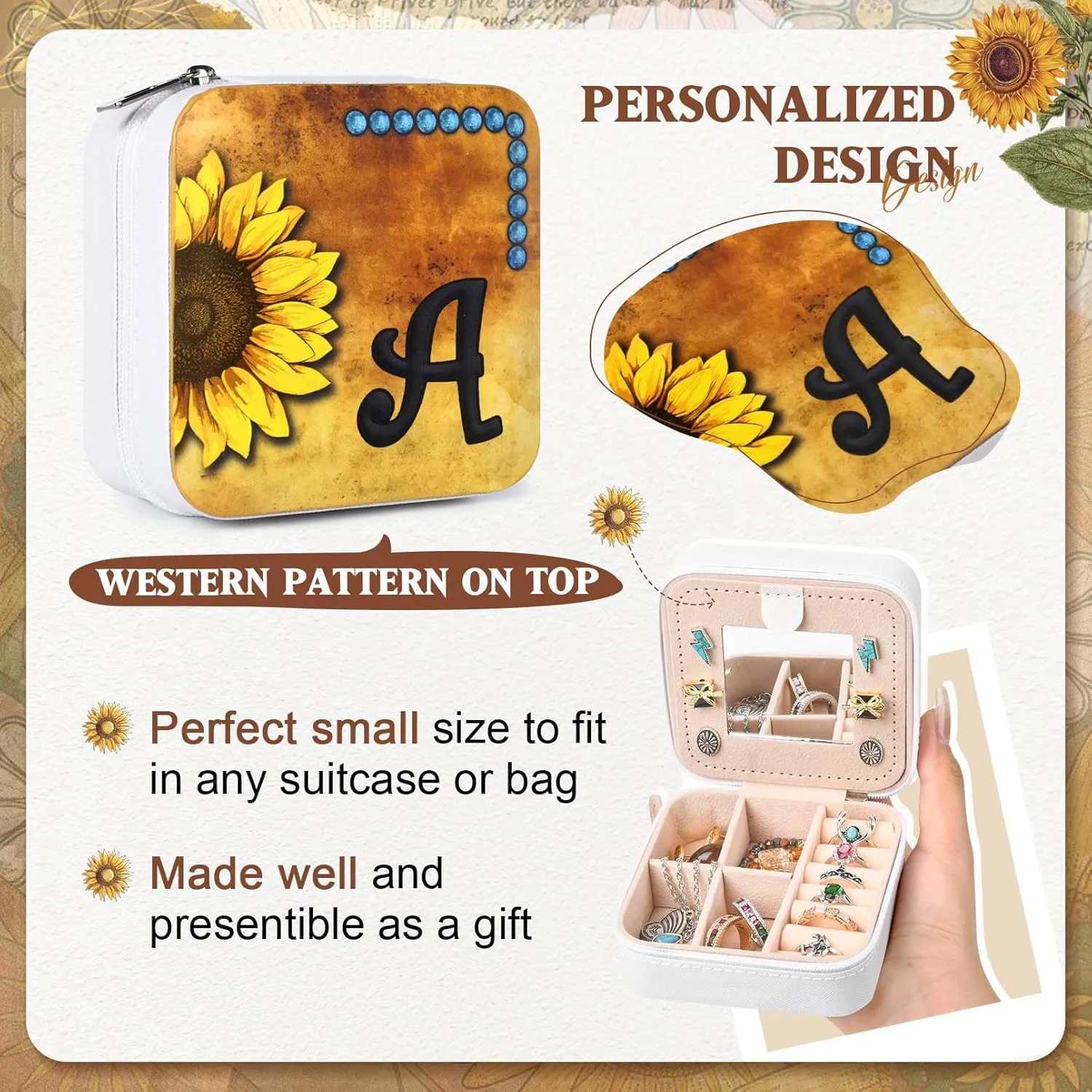 CEELGON Western Travel Jewelry Box Case Teenage Girls Gifts Cowgirl Stuff Sunflower Travel Essentials Jewelry Organizer Gifts for Mom Initial Portable Travel Accessories for Women -White B