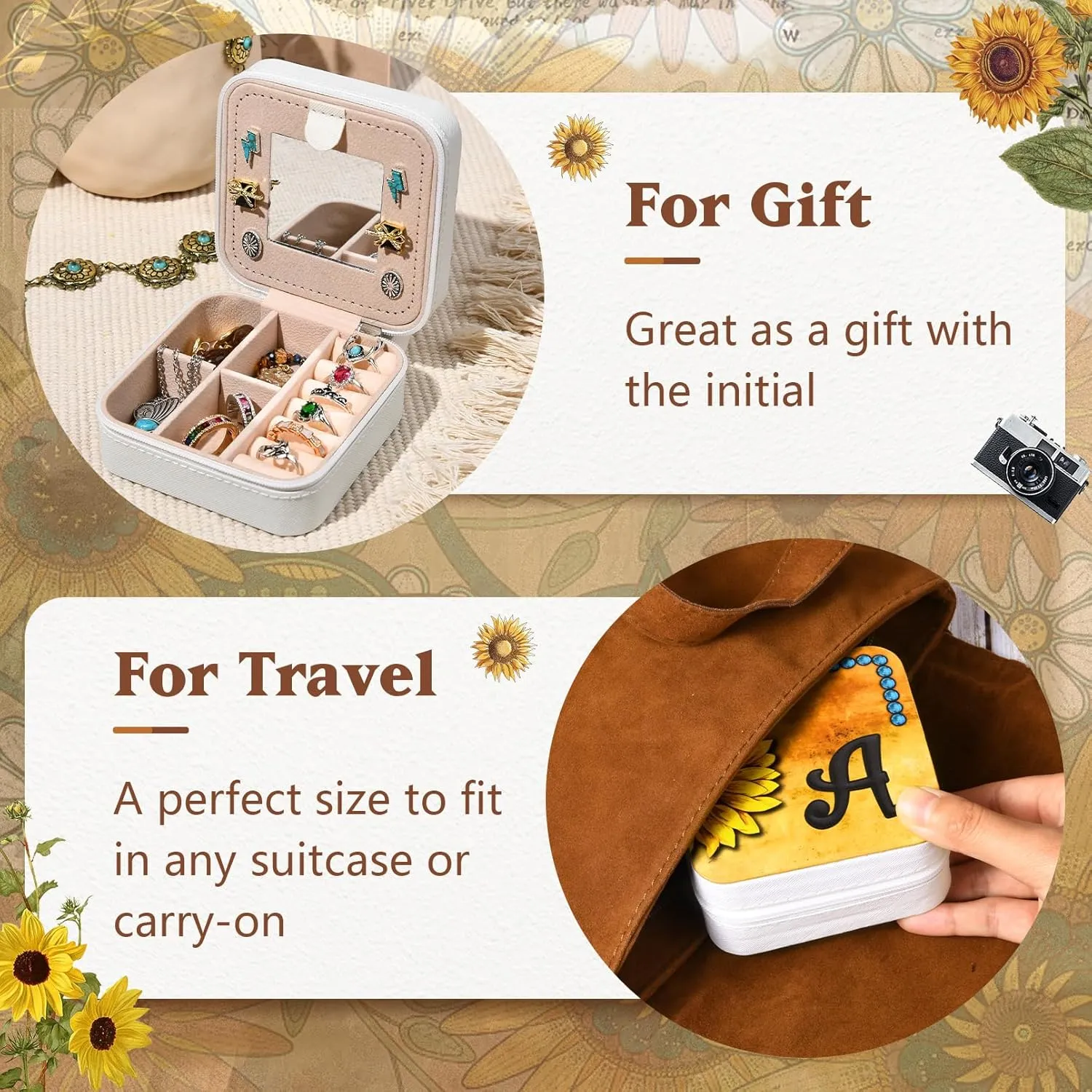CEELGON Western Travel Jewelry Box Case Teenage Girls Gifts Cowgirl Stuff Sunflower Travel Essentials Jewelry Organizer Gifts for Mom Initial Portable Travel Accessories for Women -White B
