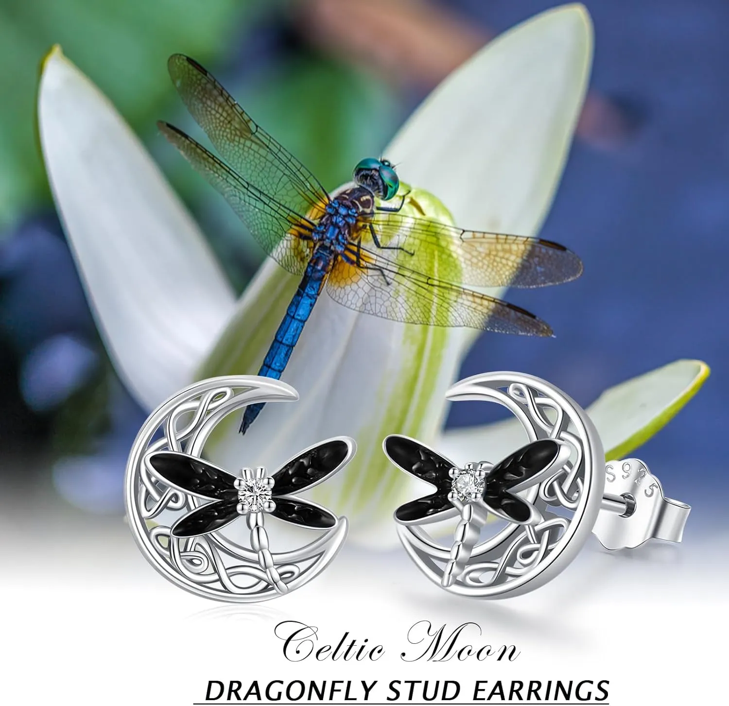 Celtic Moon Earrings 925 Sterling Silver Dragonfly Stud Earrings Irish Celtic Jewelry Gifts for Women