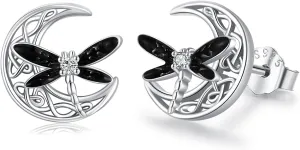 Celtic Moon Earrings 925 Sterling Silver Dragonfly Stud Earrings Irish Celtic Jewelry Gifts for Women