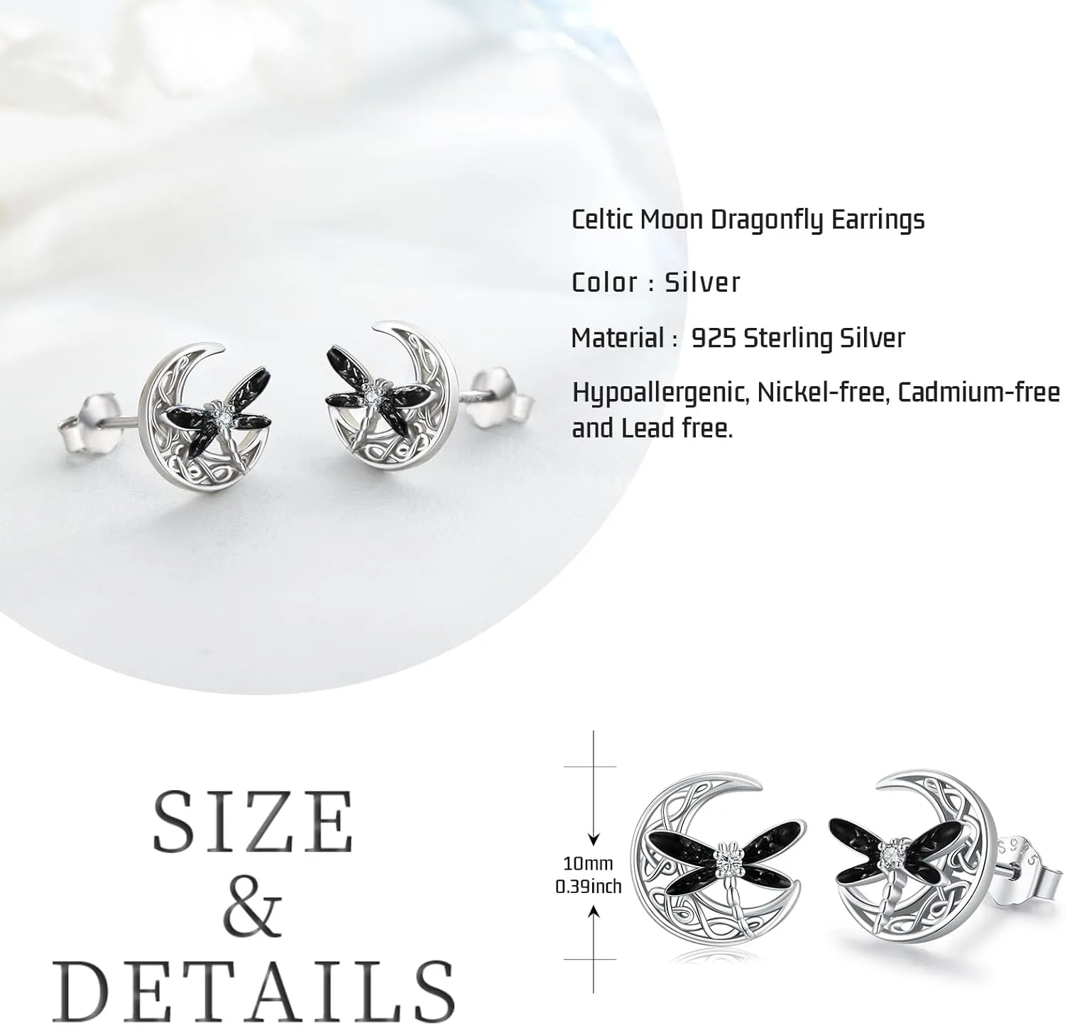 Celtic Moon Earrings 925 Sterling Silver Dragonfly Stud Earrings Irish Celtic Jewelry Gifts for Women