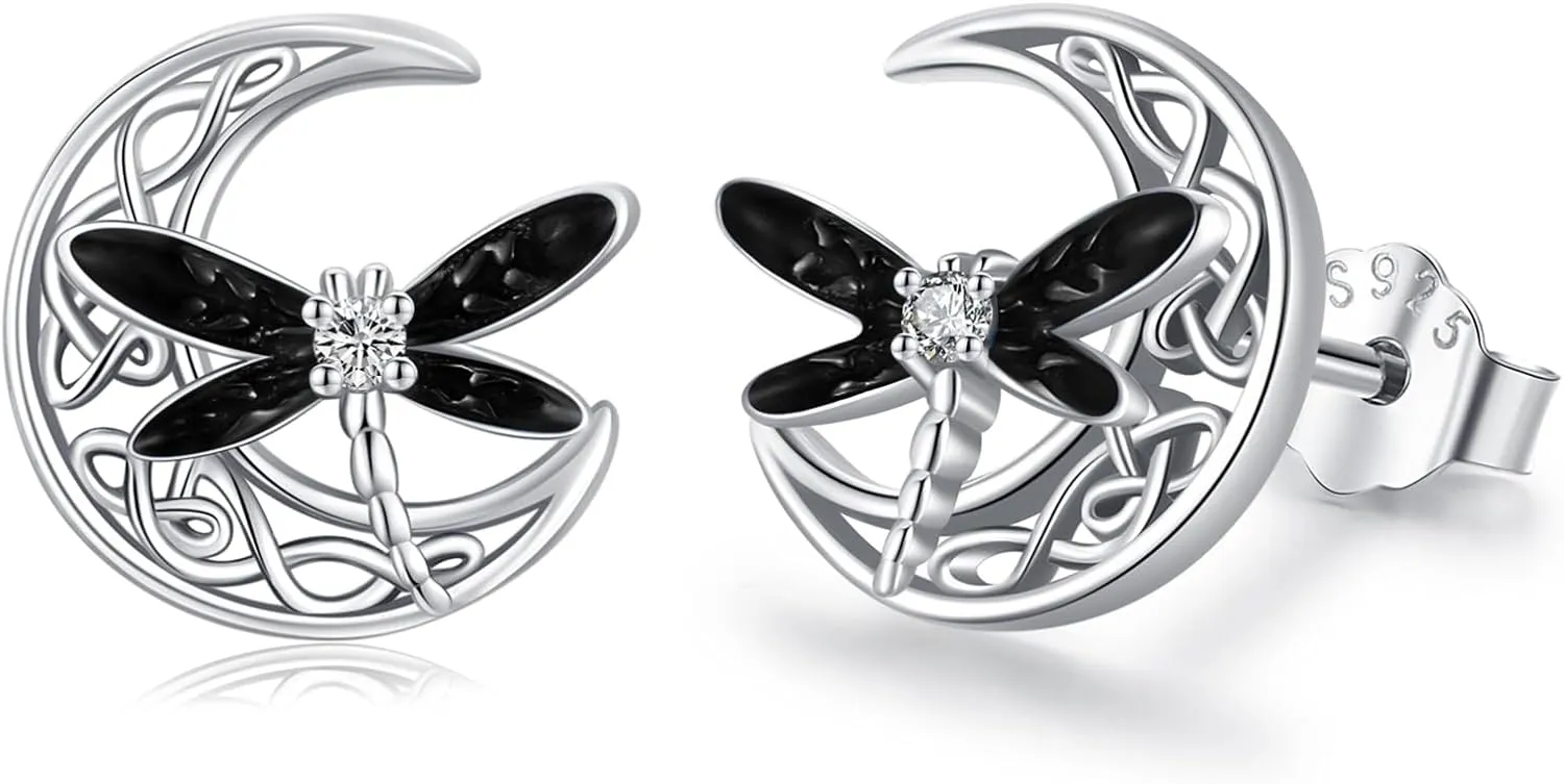 Celtic Moon Earrings 925 Sterling Silver Dragonfly Stud Earrings Irish Celtic Jewelry Gifts for Women
