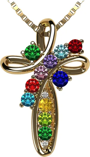 Central Diamond Center Family Cross Birthstone Mothers Necklace w/ 1 to 11 Simulated Birthstones in Solid 925 Sterling Silver