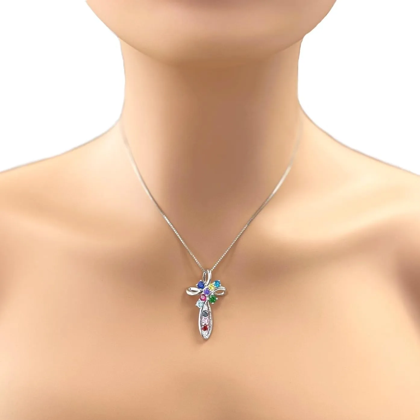 Central Diamond Center Family Cross Birthstone Mothers Necklace w/ 1 to 11 Simulated Birthstones in Solid 925 Sterling Silver