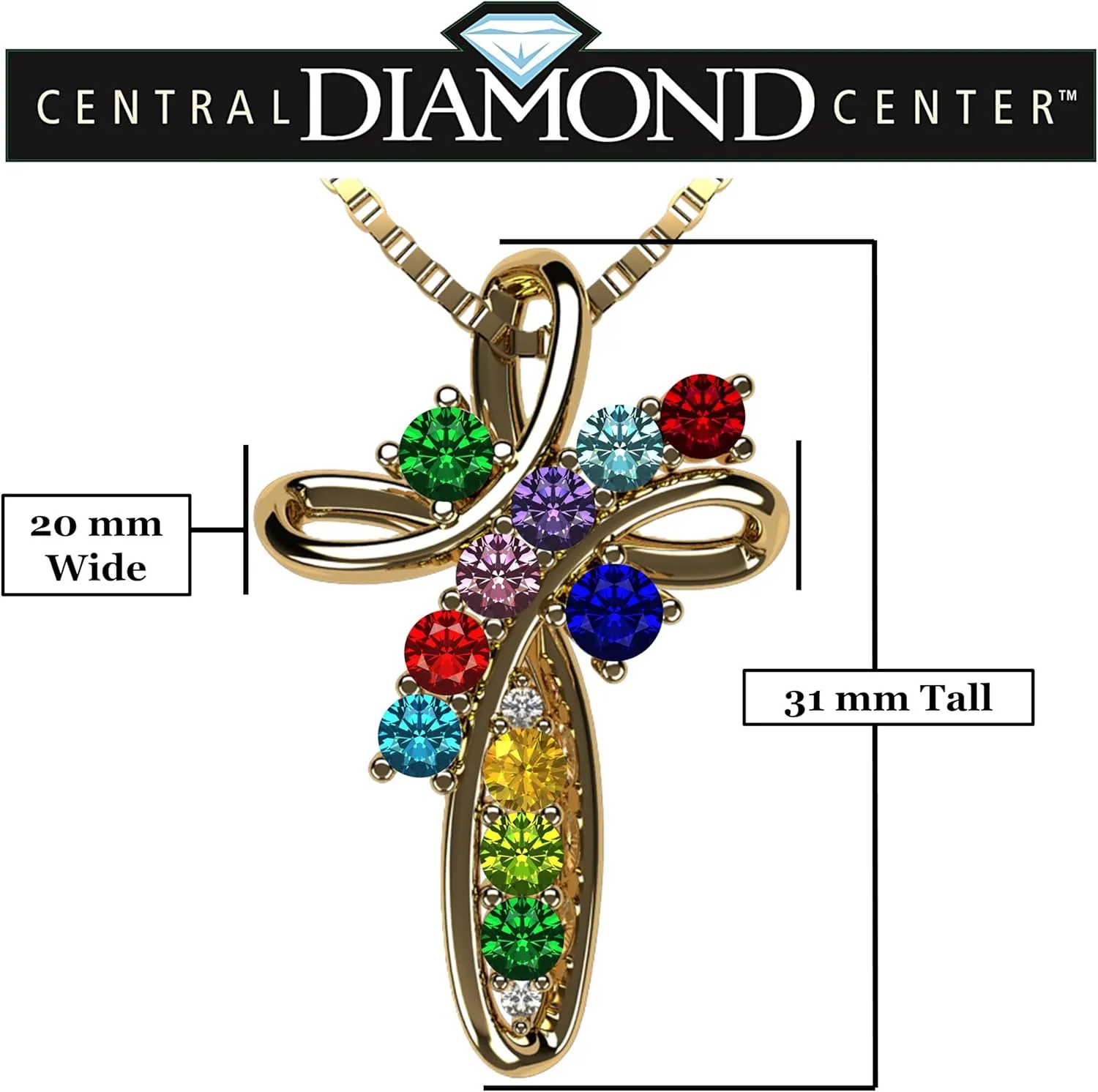 Central Diamond Center Family Cross Birthstone Mothers Necklace w/ 1 to 11 Simulated Birthstones in Solid 925 Sterling Silver