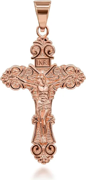 Certified 10k Gold Floral Crucifix Cross INRI Pendant (Medium)