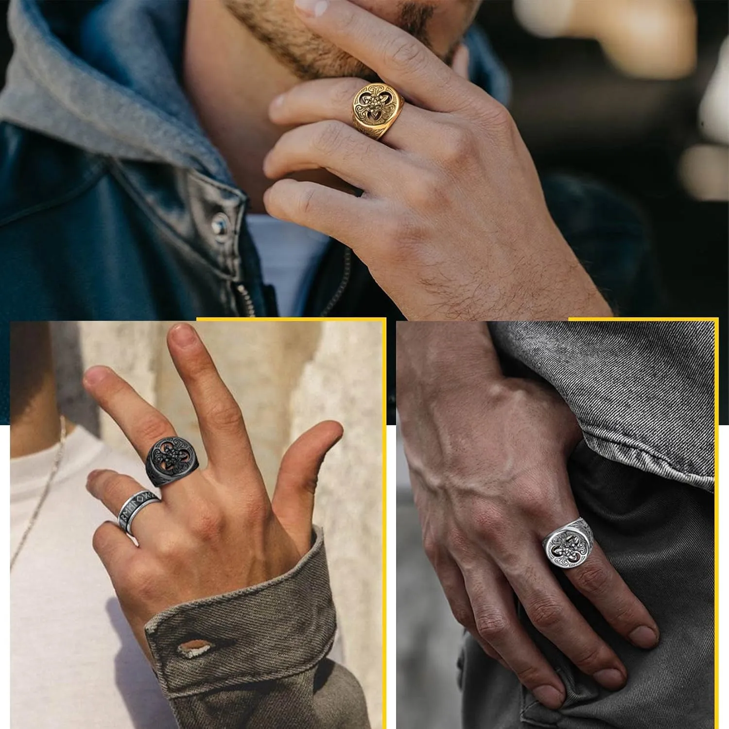 ChainsProMax Solid Viking Celtic/Nautical Compass/Thor's Hammer Ring, Can Engrave, Size#07-#14 Norse Rune Spirit Rings, Stainless Steel/Black-Send Gift Box