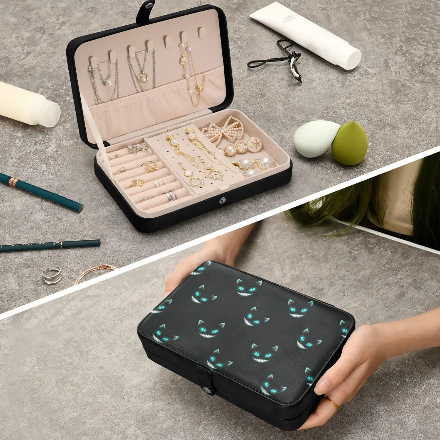 Cheshire Cat Texture Jewelry Box for Women Girls, PU Leather Jewelry Travel Organizer, Portable Small Jewelry Case, Personalized Jewelry Storage Holder for Ring Earrings Necklace Bracelet boxes