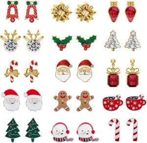 Christmas Earrings for Women,15 Pairs Hypoallergenic Santa Claus Candy Cane Snowman Christmas Tree Stud Holiday Earring Set Gift for Teen Girls Jewelry