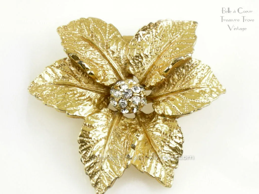 Christmas Poinsettia Brooch with Rhinestones Signed Judy Lee