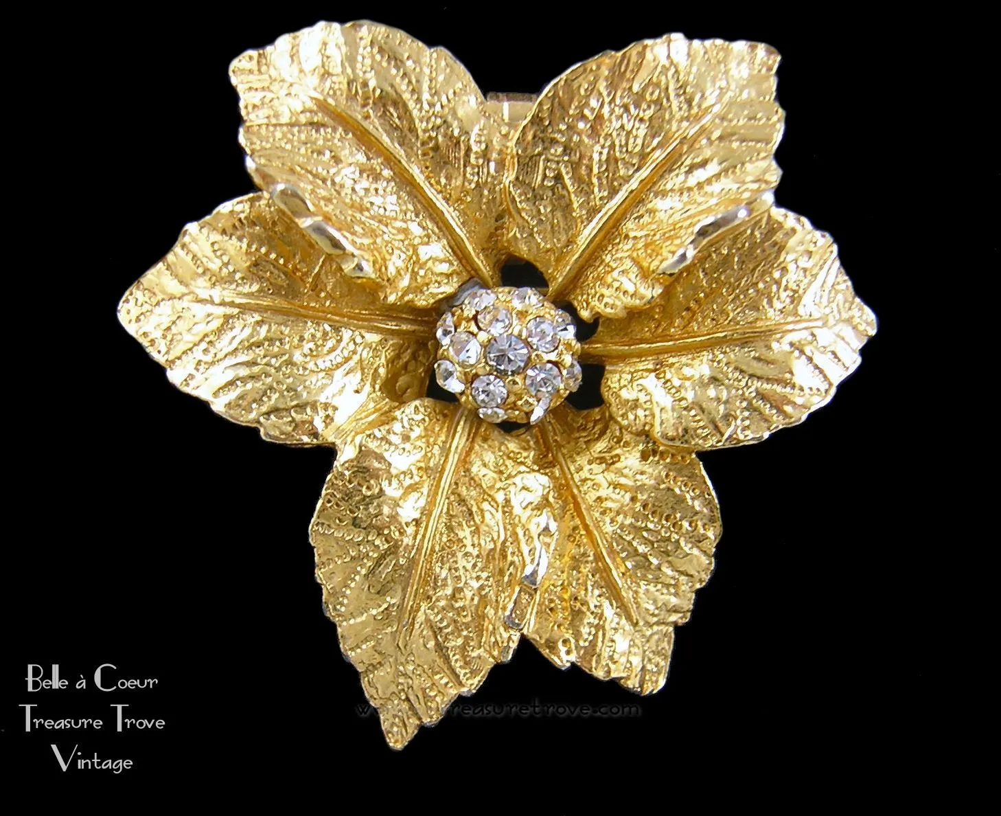 Christmas Poinsettia Brooch with Rhinestones Signed Judy Lee