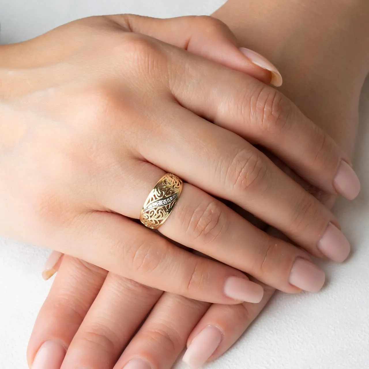 Claddagh Gold 10K &14K Two Tone Gold Diamond Filigree Band Ring Available In Yellow/Rose/White with Multiple Ring Size