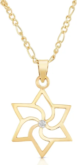 Classic 14k Gold Pinwheel Star of David Diamond Stud Pendant Necklace