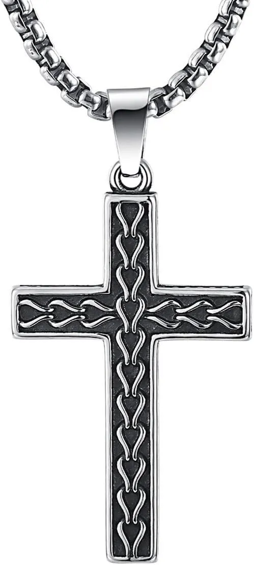 Classic Black Mens Titanium Cross Necklace Pendant,22.5 Rolo Curb Chain by 2ndLink