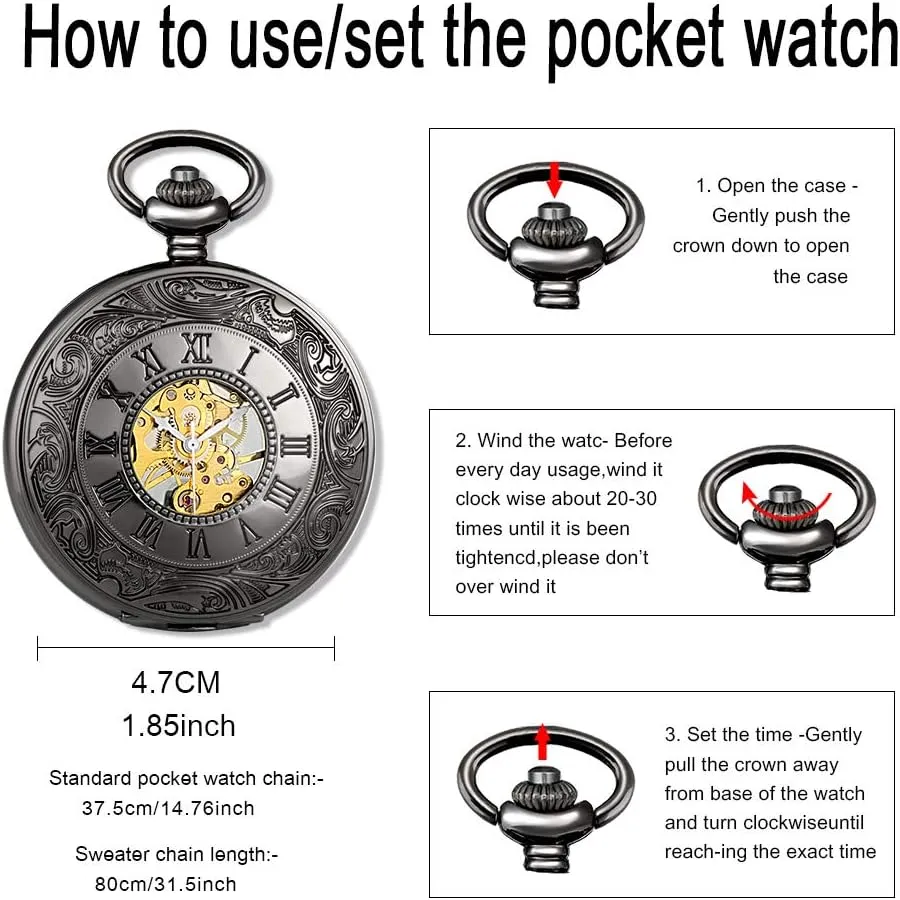 Classic Black Roman Hollow Retro Pocket Watch Mechanical Pocket Watch with 2 Chain