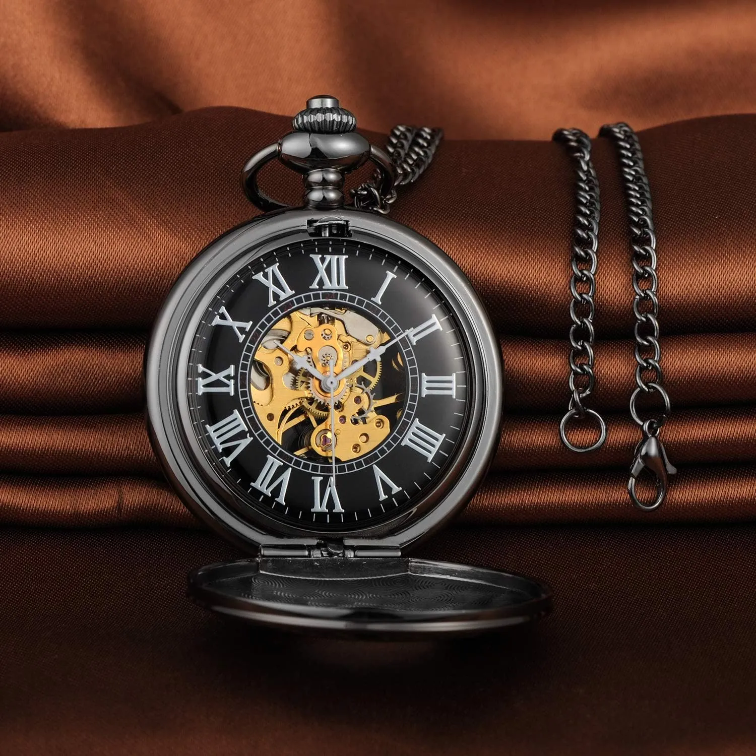 Classic Black Roman Hollow Retro Pocket Watch Mechanical Pocket Watch with 2 Chain