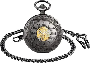 Classic Black Roman Hollow Retro Pocket Watch Mechanical Pocket Watch with 2 Chain