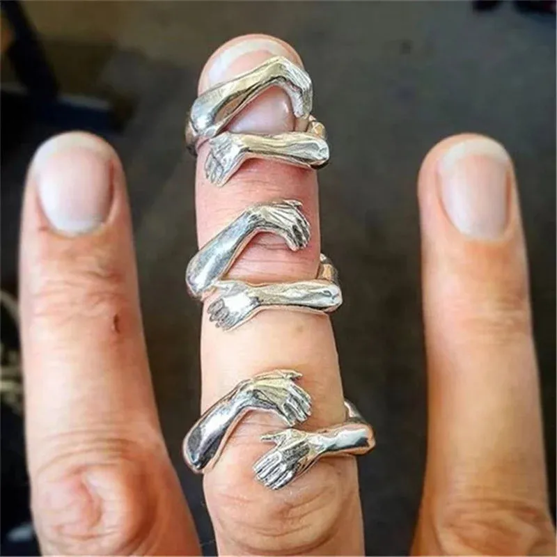 Classic Creative Silver Color Hug Rings for Women Fashion Metal Carved Hands Open Ring Birthday Party Jewelry