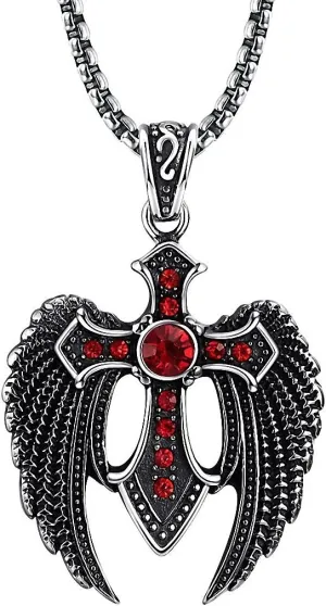 Classic Mens Titanium Angel wings CZ Crystal Cross Necklace Pendant,22.5" Rolo Curb Chain