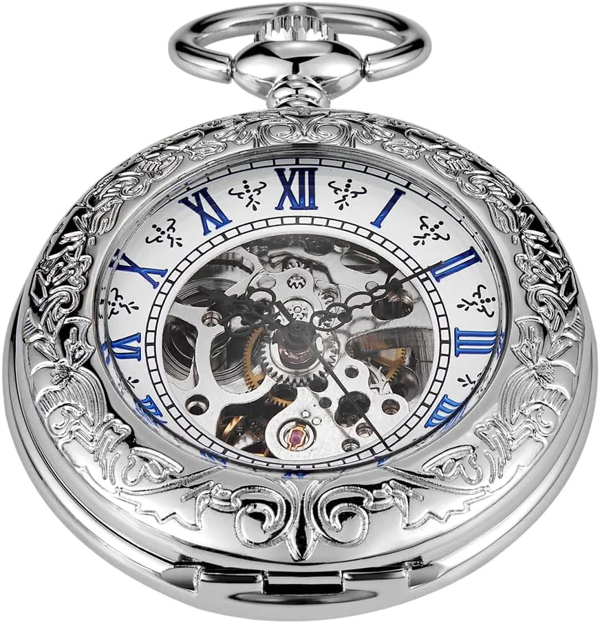 Classic Silver Mechanical Pocket Watch, Roman Numerals Silver Pocket Watch with Chain Box for Men
