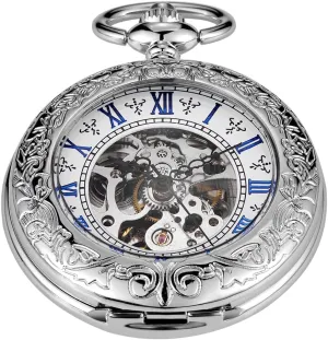 Classic Silver Mechanical Pocket Watch, Roman Numerals Silver Pocket Watch with Chain Box for Men