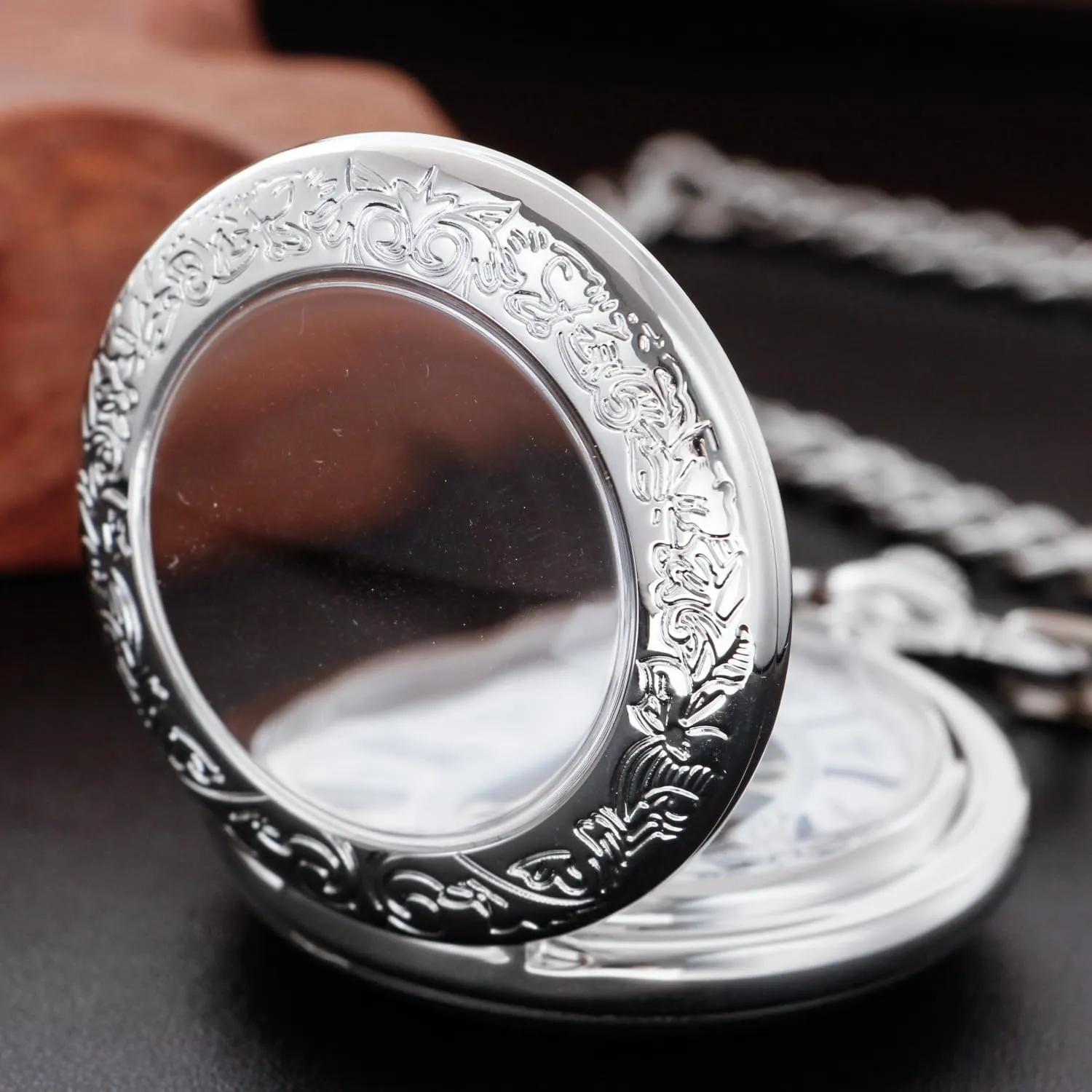 Classic Silver Mechanical Pocket Watch, Roman Numerals Silver Pocket Watch with Chain Box for Men