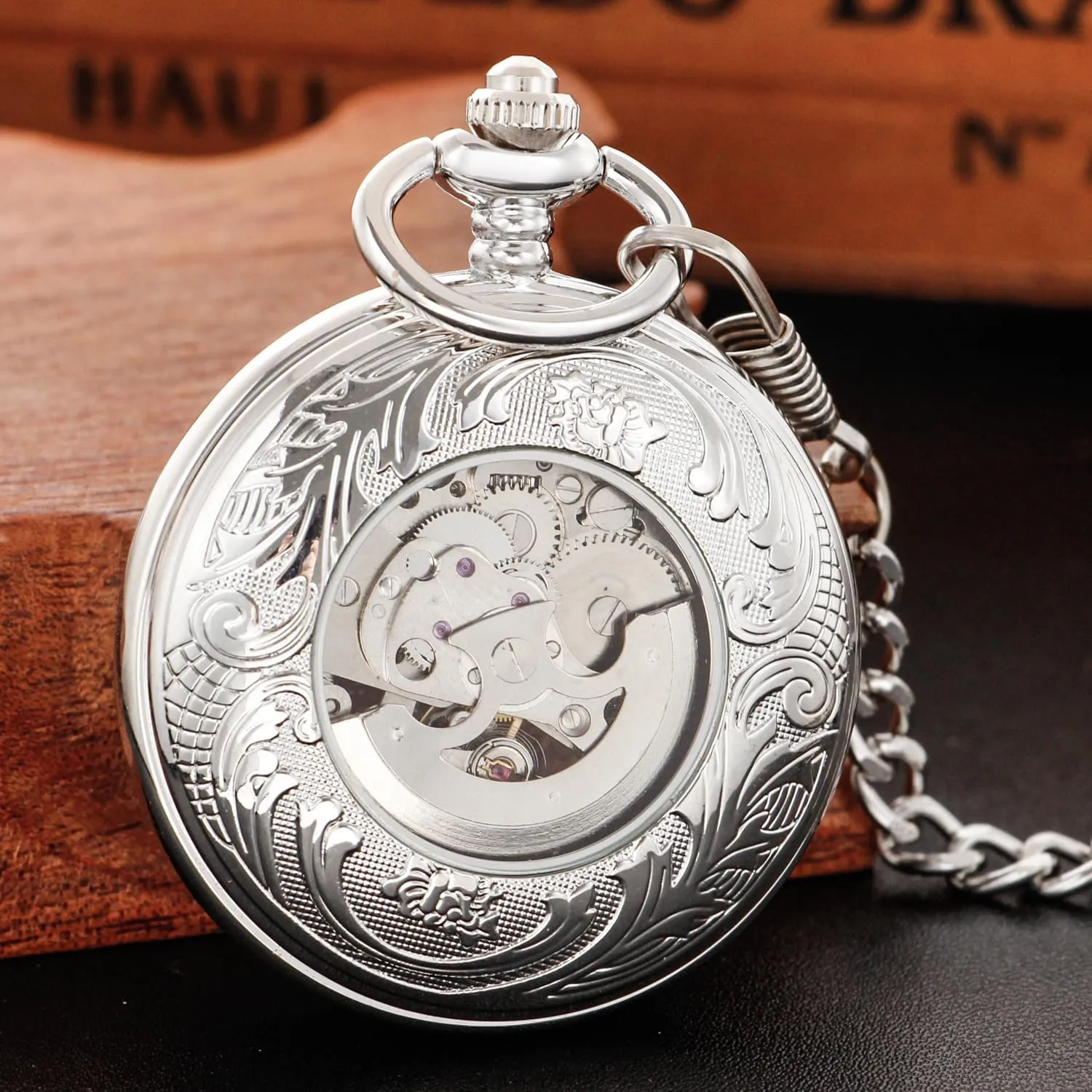Classic Silver Mechanical Pocket Watch, Roman Numerals Silver Pocket Watch with Chain Box for Men