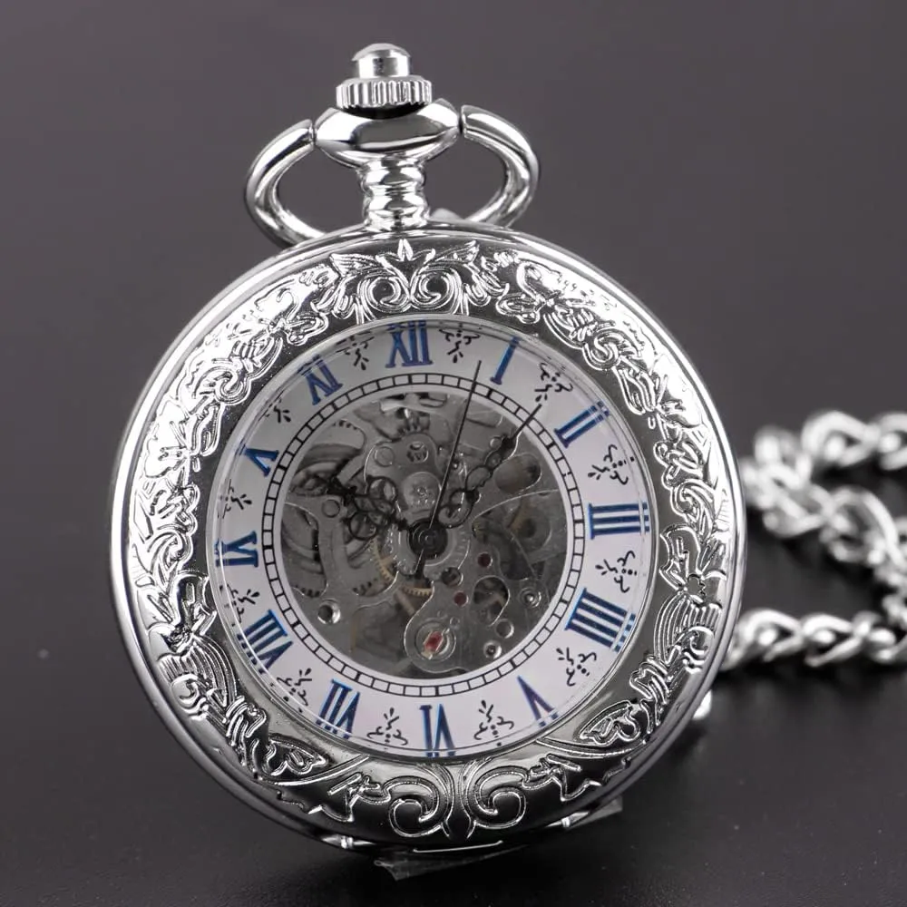 Classic Silver Mechanical Pocket Watch, Roman Numerals Silver Pocket Watch with Chain Box for Men