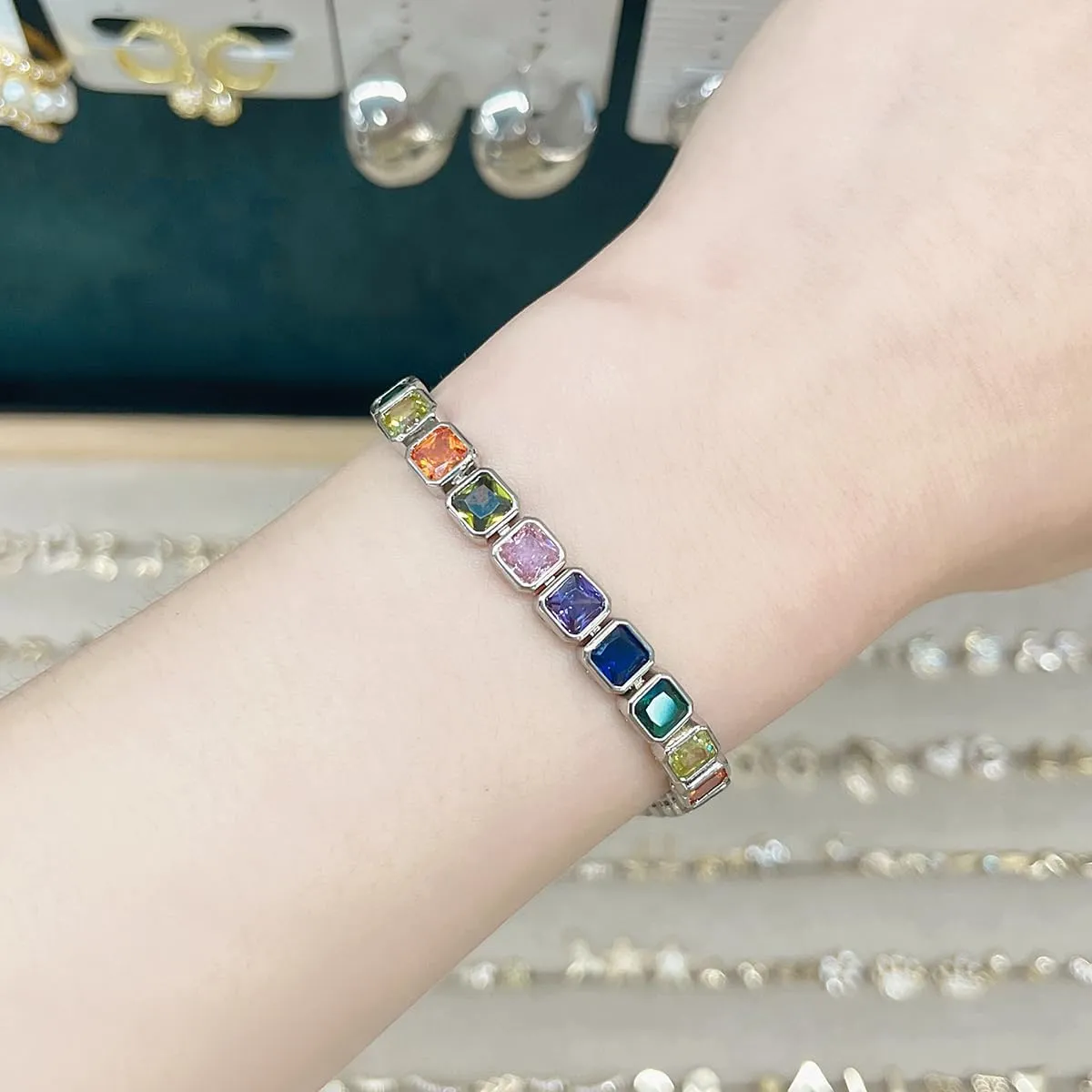 Classic Tennis Bracelet Adjustable Silver Color Stackable Chain Bracelet Colorful Cubic Zirconia Jewelry