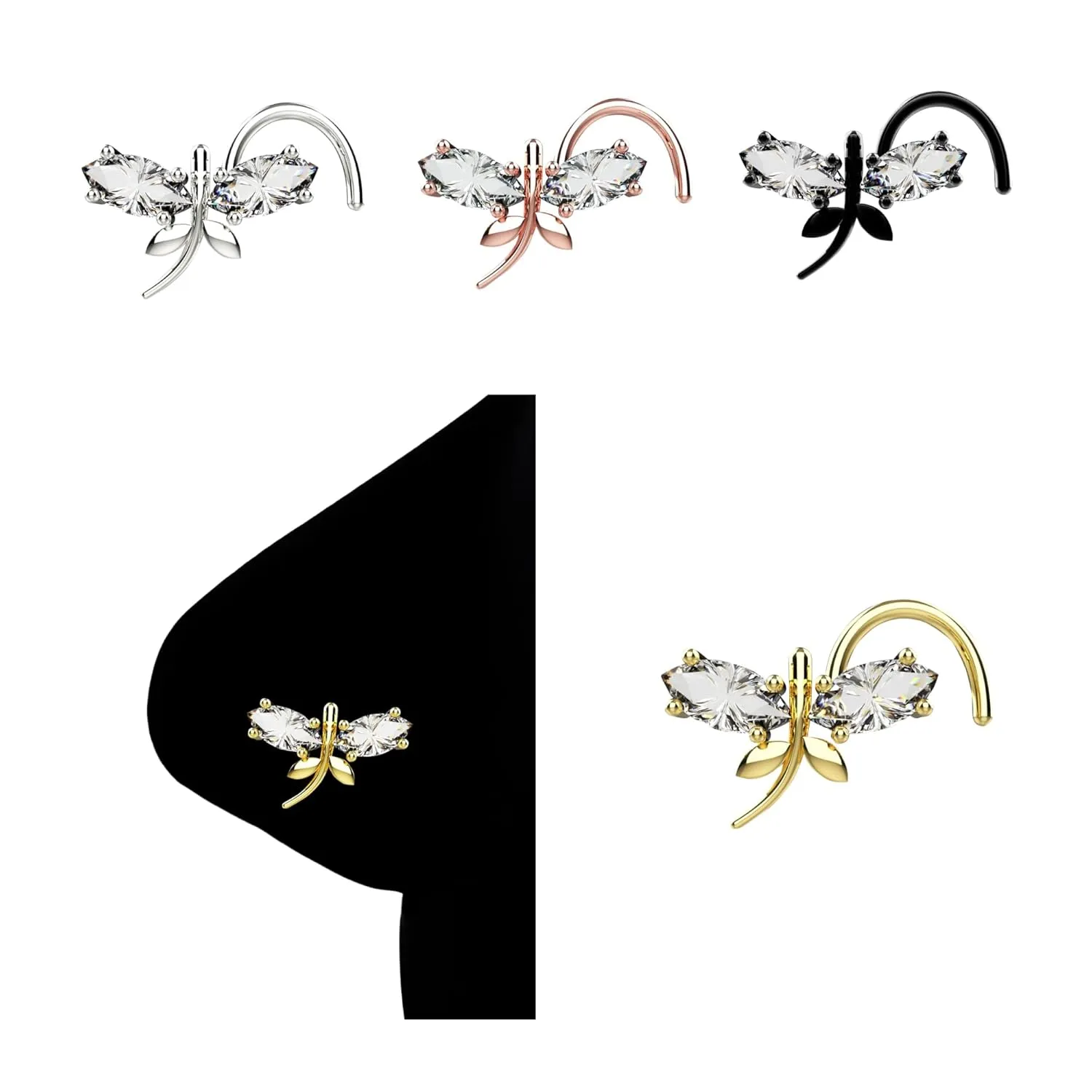 Clear Gems Dragonfly L Shape Unique Nose Ring Piercing Jewelry Indian Nose Ring