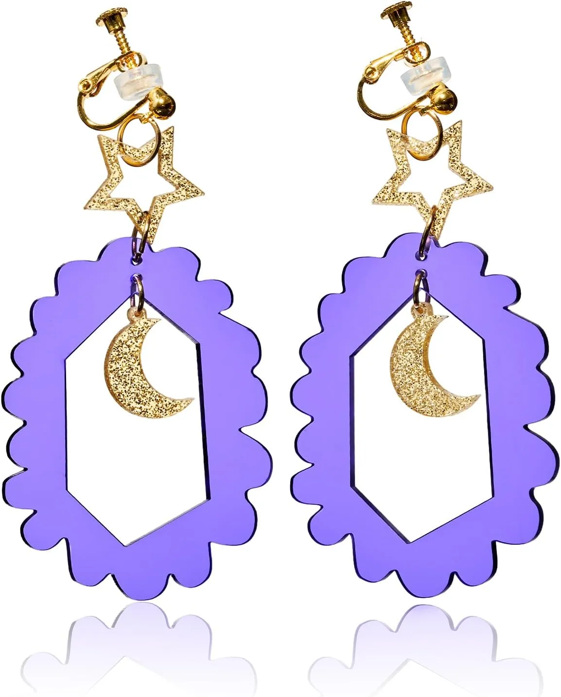 Clip on Earrings for Women WOOYAS Acrylic Earrings, Glitter Star Dangle Earrings Purple Statement Clip on Earrings for Novelty Clip Earrings Non Pierced Jewelry for Birthday Valentine's Day Gift