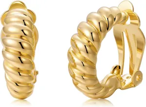 Clip on Earrings Women, 14K Gold Hoop Clip-On Earrings for Women, Hypoallergenic Non Pierced Croissant Earrings