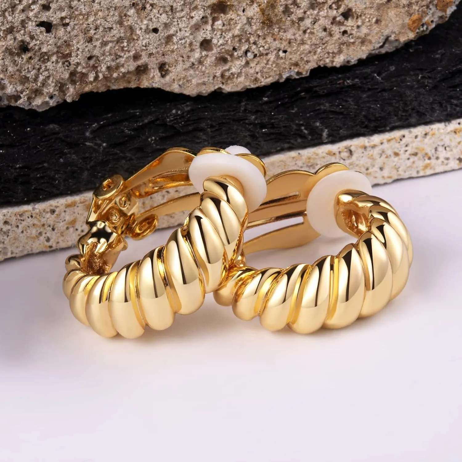 Clip on Earrings Women, 14K Gold Hoop Clip-On Earrings for Women, Hypoallergenic Non Pierced Croissant Earrings