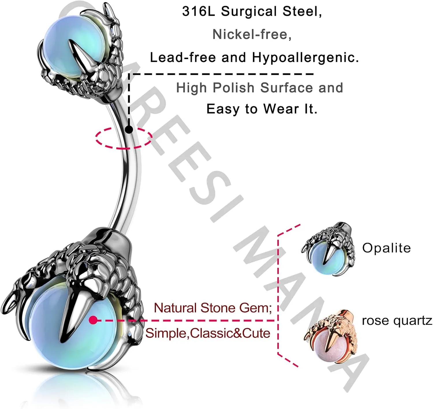 CM Crareesi Mania Skull Hand Halloween Belly Button Rings Natural Stone Claw Piercing Navel Rings for Women