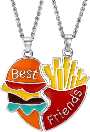 coadipress Best Friend Necklaces for Mens Women Personalized Cute Cartoon Hamburger French Fries Matching Love Heart Pendant Necklace Set 2Pcs Couples Bff Friendship Jewelry Gifts