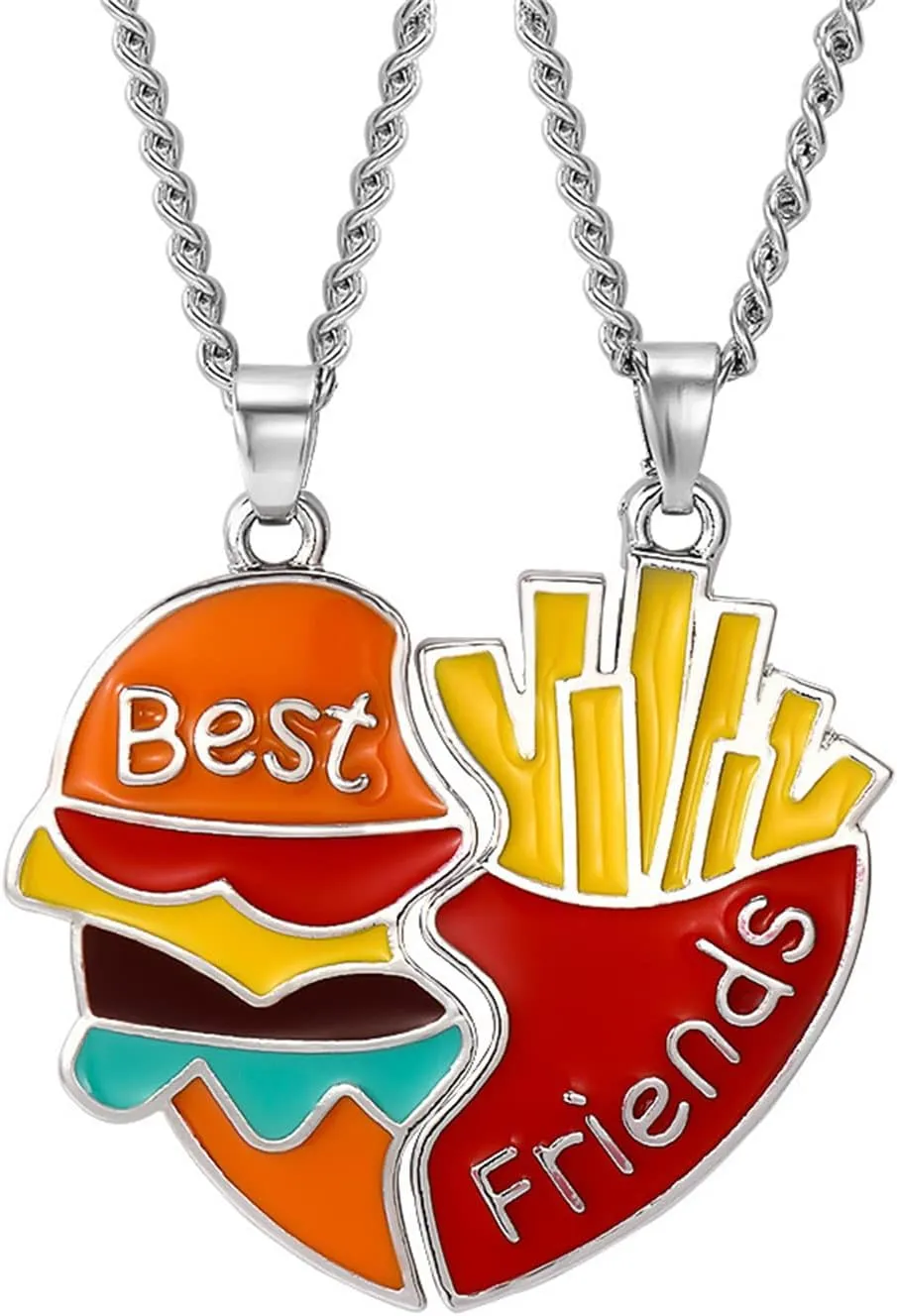 coadipress Best Friend Necklaces for Mens Women Personalized Cute Cartoon Hamburger French Fries Matching Love Heart Pendant Necklace Set 2Pcs Couples Bff Friendship Jewelry Gifts