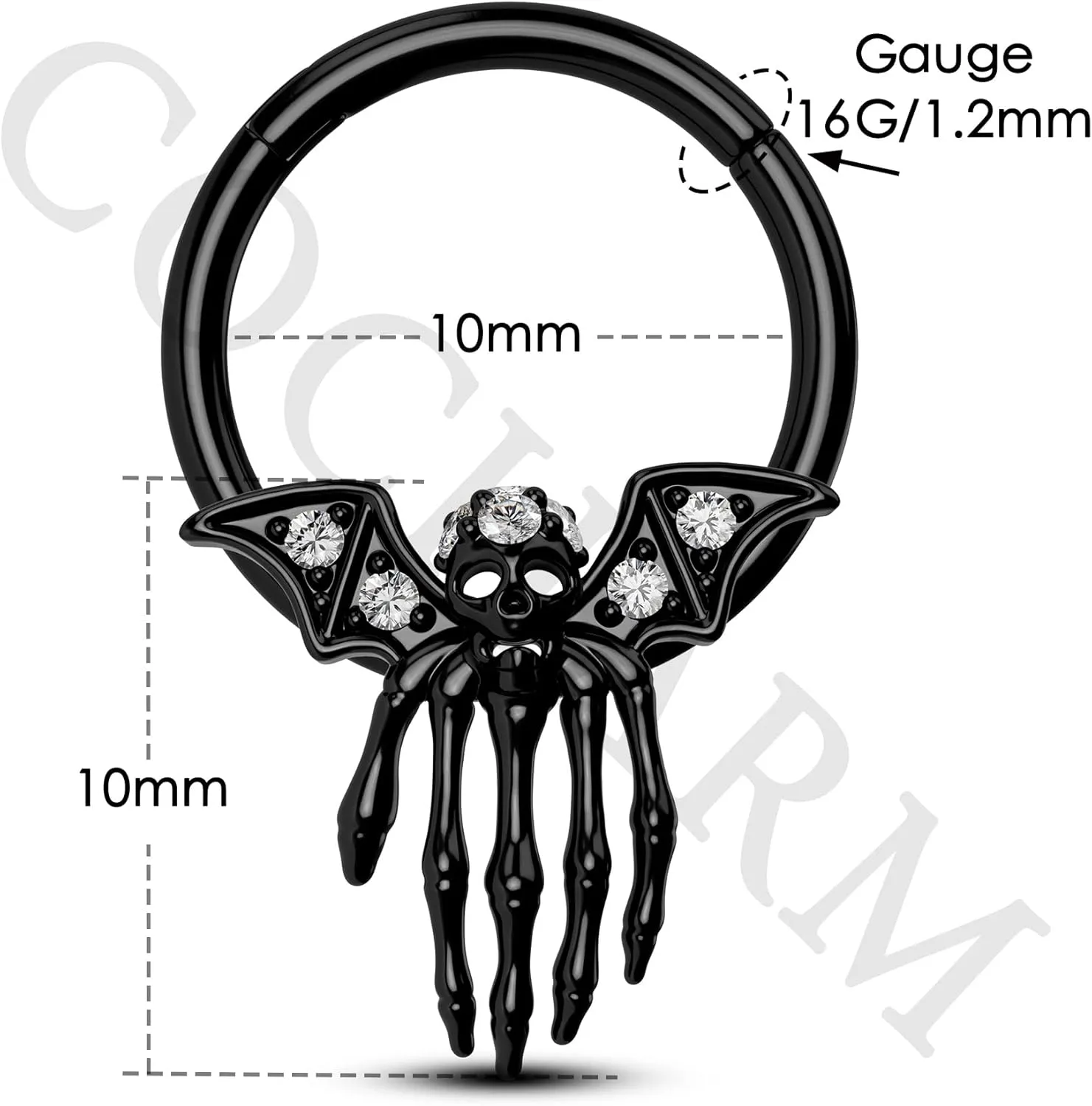 Cocharm Black Skeleton Septum Ring 16g - Skull Claw Halloween Piercing
