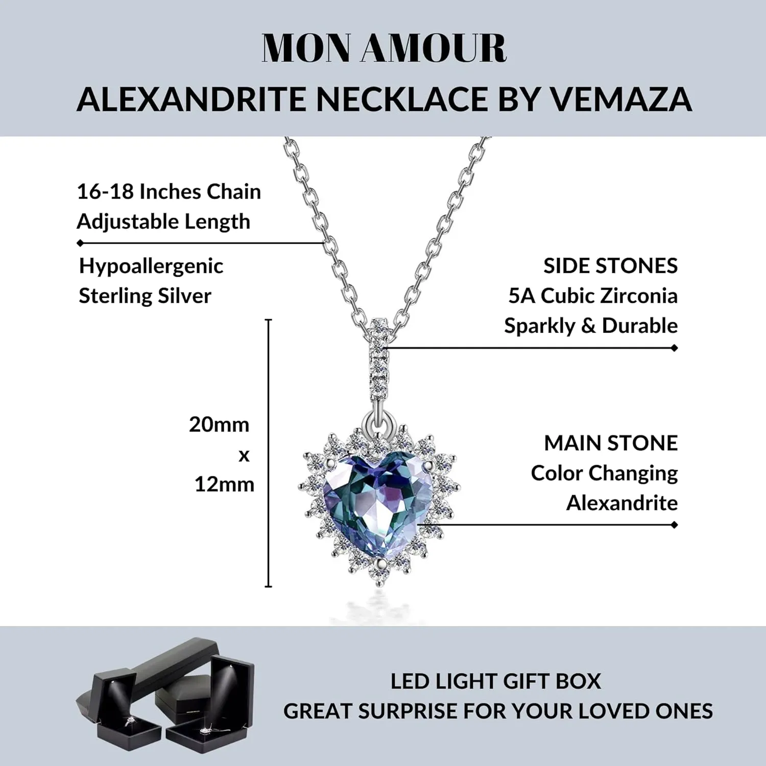 Color Change Alexandrite Necklace 925 Sterling Silver Hypoallergenic Halo Oval Cut Heart Shape Round Cut Solitaire June Birthstone Simulated Created Alexandrite Necklace For Women