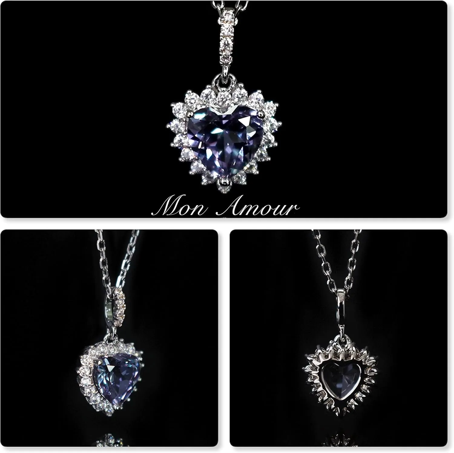 Color Change Alexandrite Necklace 925 Sterling Silver Hypoallergenic Halo Oval Cut Heart Shape Round Cut Solitaire June Birthstone Simulated Created Alexandrite Necklace For Women