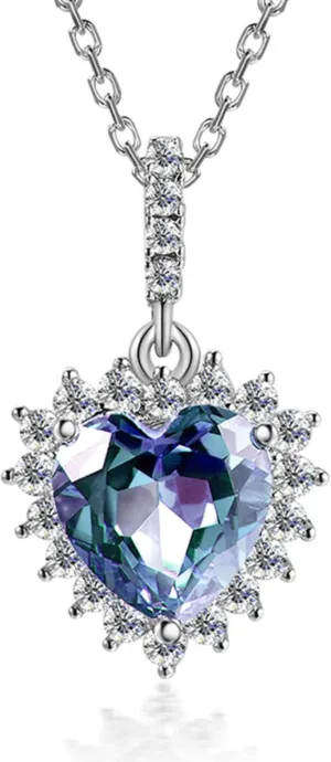 Color Change Alexandrite Necklace 925 Sterling Silver Hypoallergenic Halo Oval Cut Heart Shape Round Cut Solitaire June Birthstone Simulated Created Alexandrite Necklace For Women