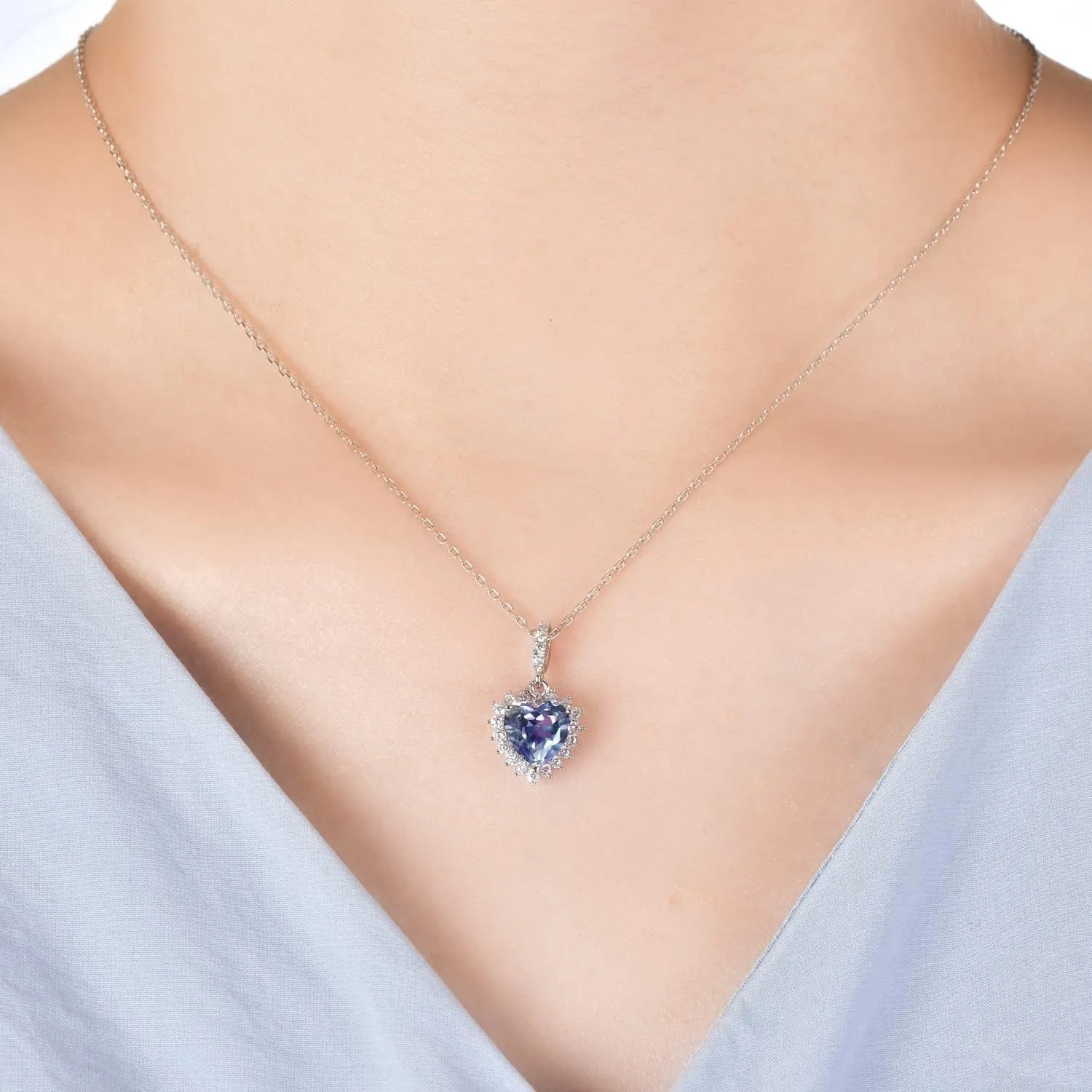 Color Change Alexandrite Necklace 925 Sterling Silver Hypoallergenic Halo Oval Cut Heart Shape Round Cut Solitaire June Birthstone Simulated Created Alexandrite Necklace For Women