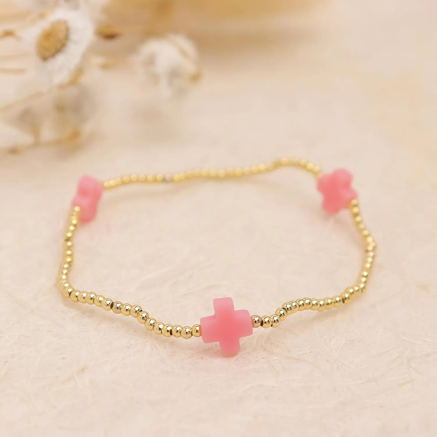 Colorful Cross Gold Beaded Stack Bracelets Stack for Women, Boho Handmade Beads Stackable Stretch Friendship Prom Holiday Jewelry Gift.