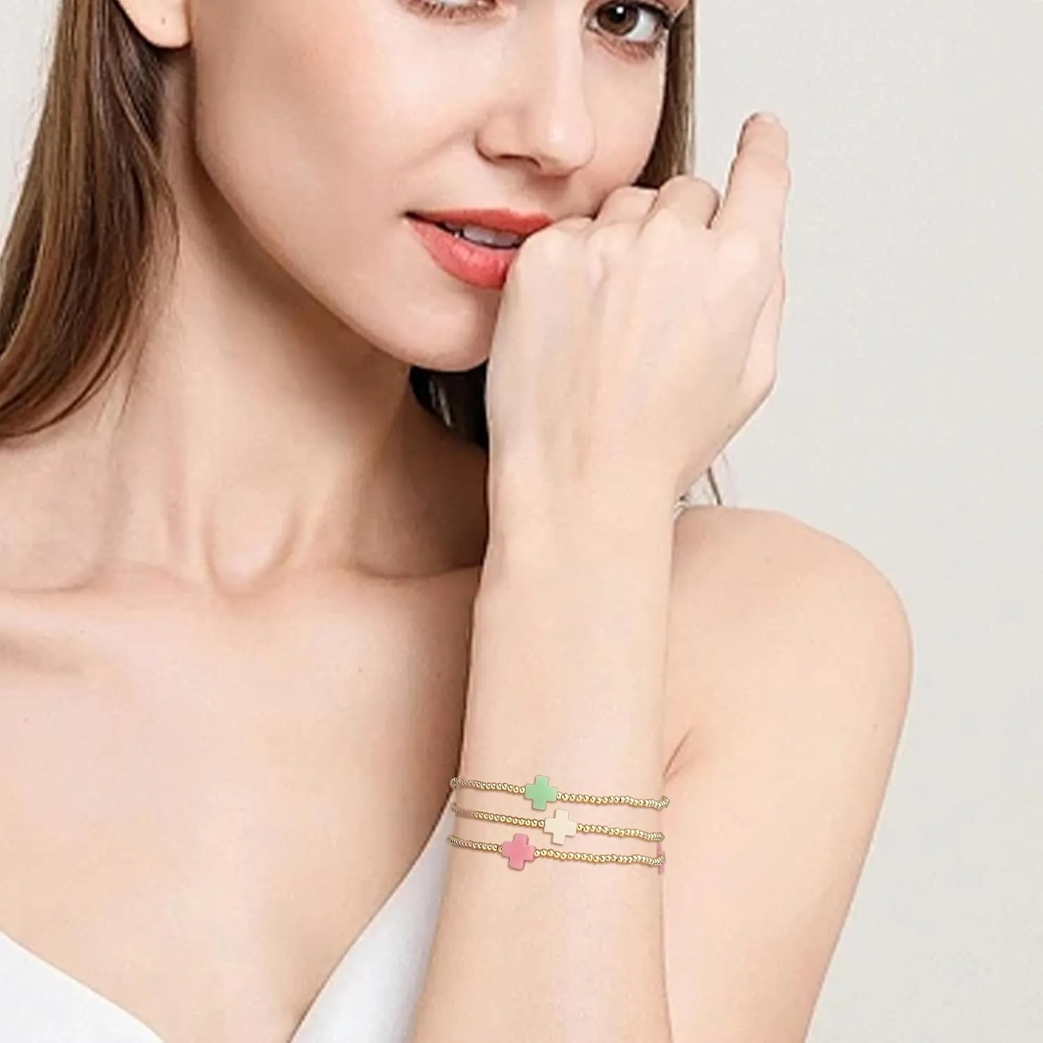 Colorful Cross Gold Beaded Stack Bracelets Stack for Women, Boho Handmade Beads Stackable Stretch Friendship Prom Holiday Jewelry Gift.