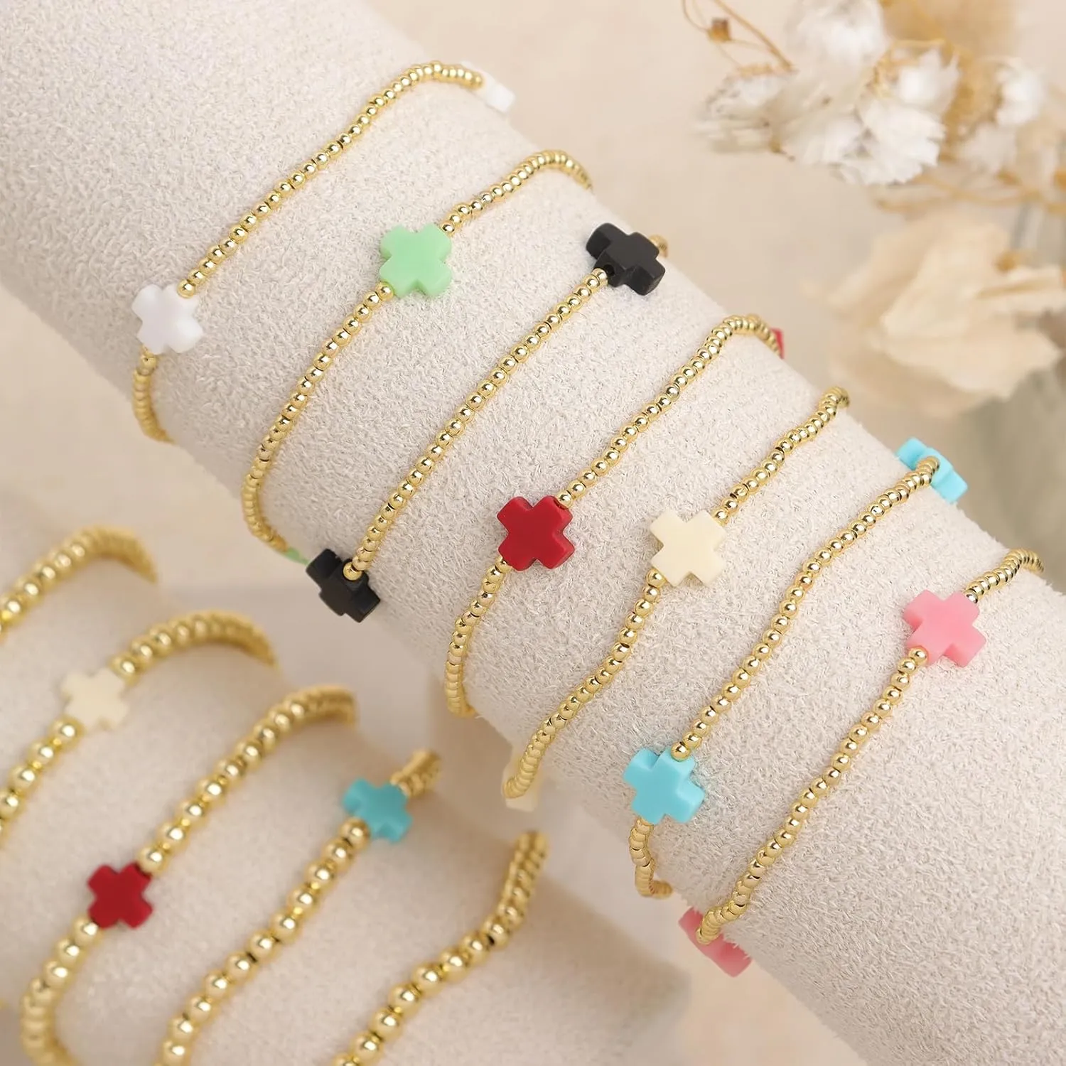 Colorful Cross Gold Beaded Stack Bracelets Stack for Women, Boho Handmade Beads Stackable Stretch Friendship Prom Holiday Jewelry Gift.