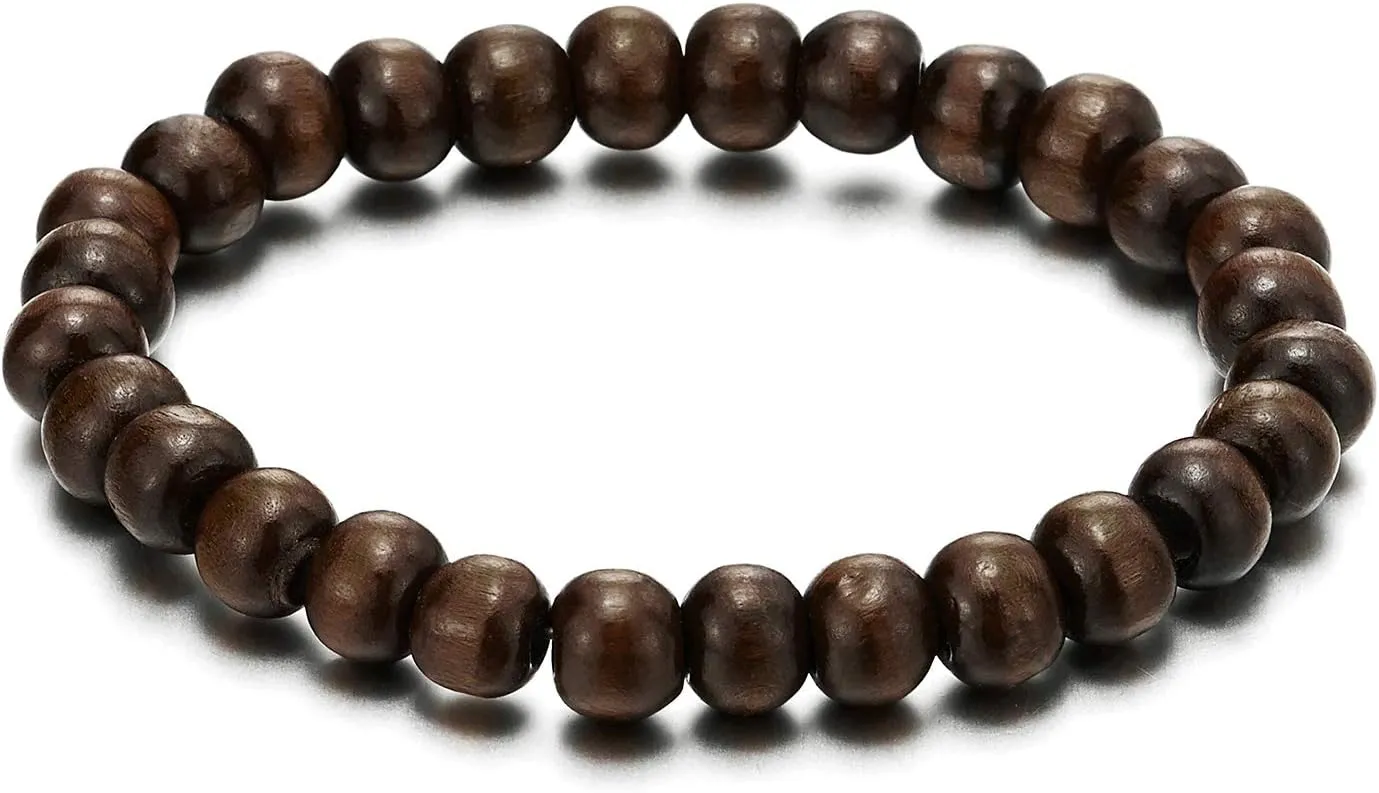 COOLSTEELANDBEYOND Classic Mens Womens Wood Beads Bracelet, 8mm Tibetan Beads Prayer Mala, Stretchable