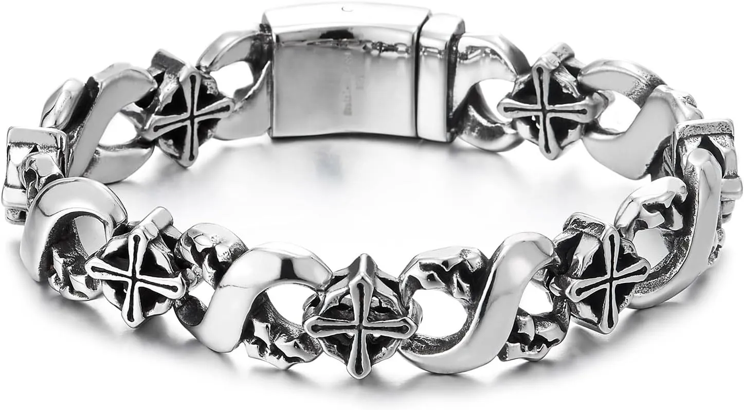 COOLSTEELANDBEYOND Mens Infinity Number 8 Bracelet, Textured Circle Cross Link Chain, Stainless Steel, Unique