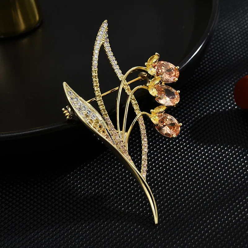 Copper Micro Inlaid Cubic Zirconia Bell Orchid Brooch Fashion Gift Set