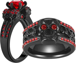 Couple Rings Matching Ring Black Skull Ring Red CZ Womens Wedding Ring Sets Man Wedding Bands