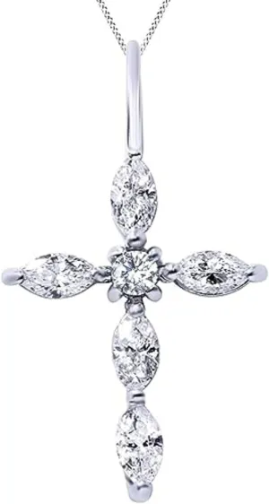 Created Real 925 Sterling Silver 14K Gold Plated Marquise & Round Cut White Diamond Cross Pendant Necklace for Women