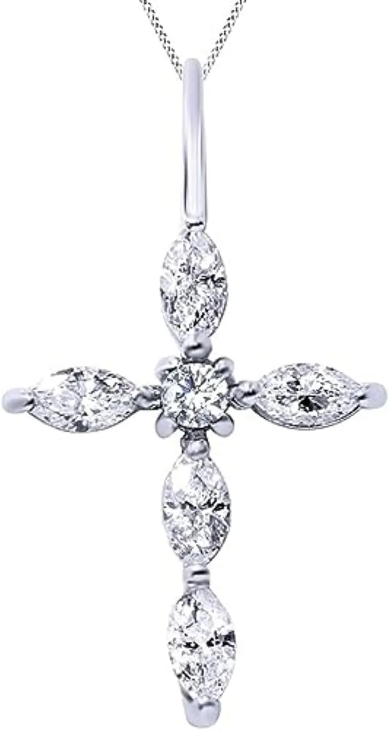 Created Real 925 Sterling Silver 14K Gold Plated Marquise & Round Cut White Diamond Cross Pendant Necklace for Women